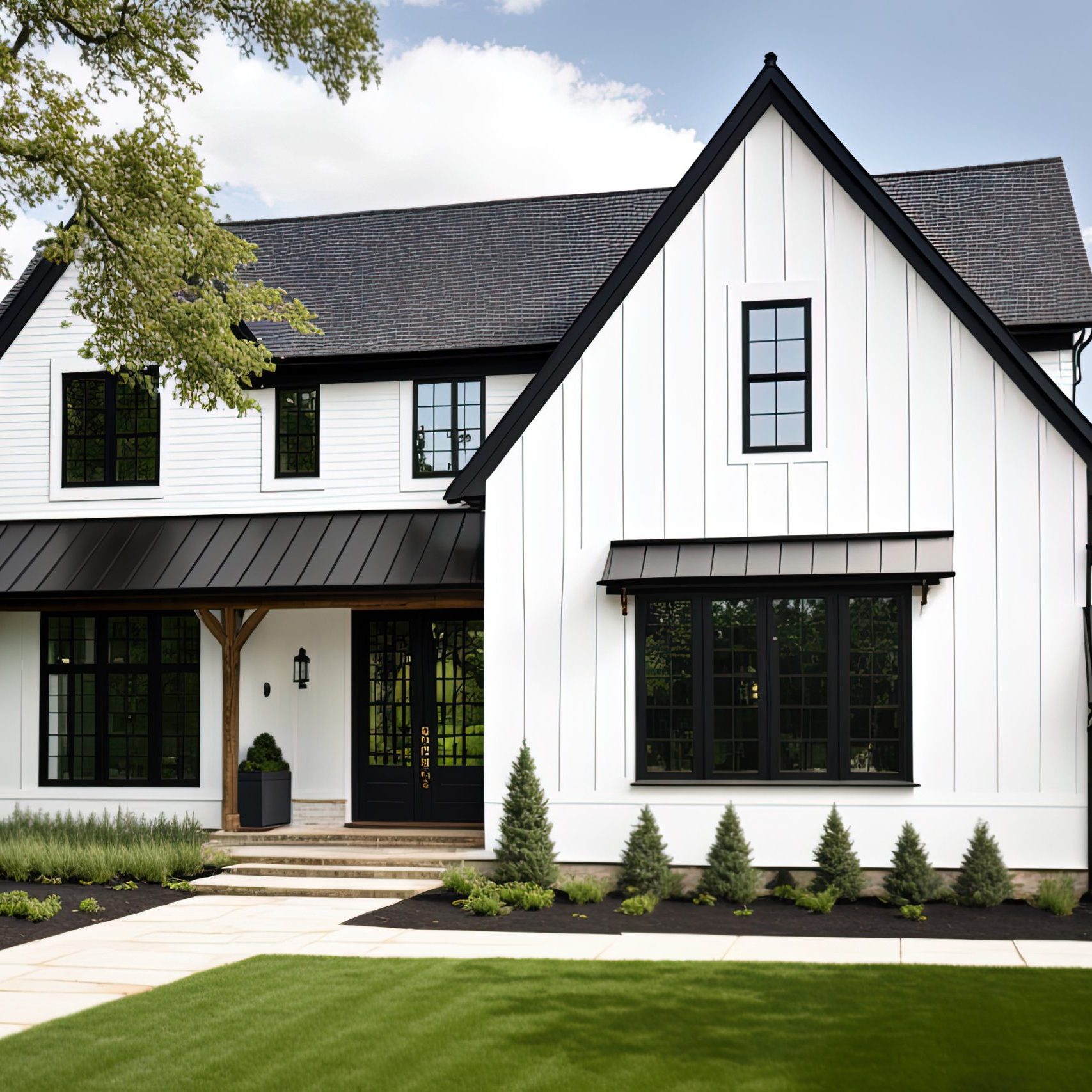 A brand new, white contemporary farmhouse with a dark shingled roof and black windows is seen in OAK PARK, IL, USA, on August 17, 2020. A rock siding lines the left side of the home. Generative AI